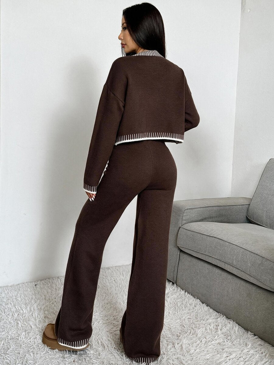 Domenica Contrast Trim Cropped Cardigan and Knit Pants Set - Apricot