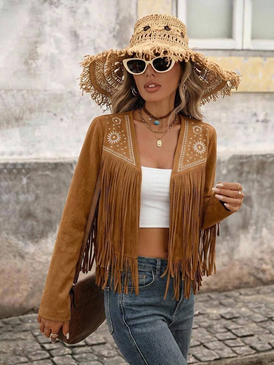 Evangeline Fringe Trim Open Front Crop Jacket - Black