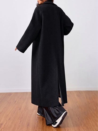 Jolie Oversized Double Breasted Long Coat with Lapel Collar - Black