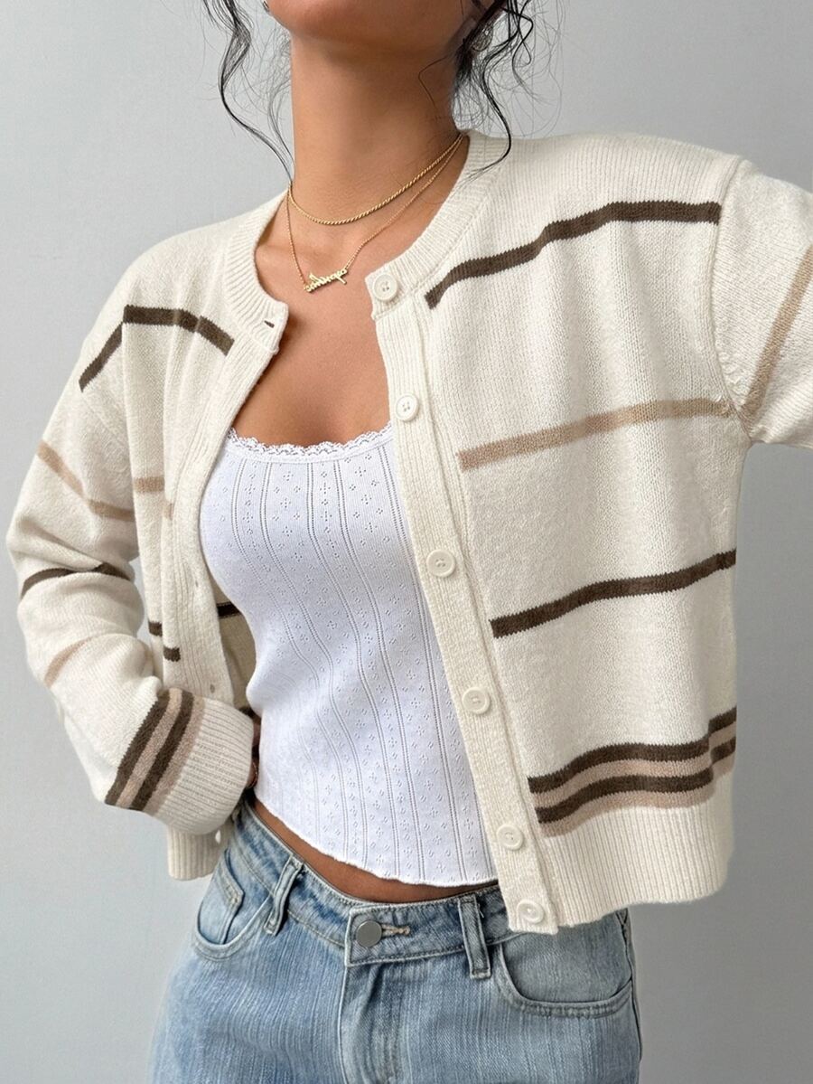 Elowen Round Neck Cropped Cardigan - Brown