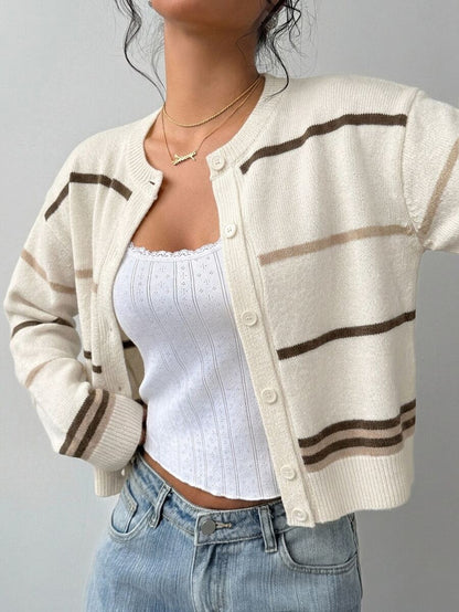 Elowen Round Neck Cropped Cardigan - Brown
