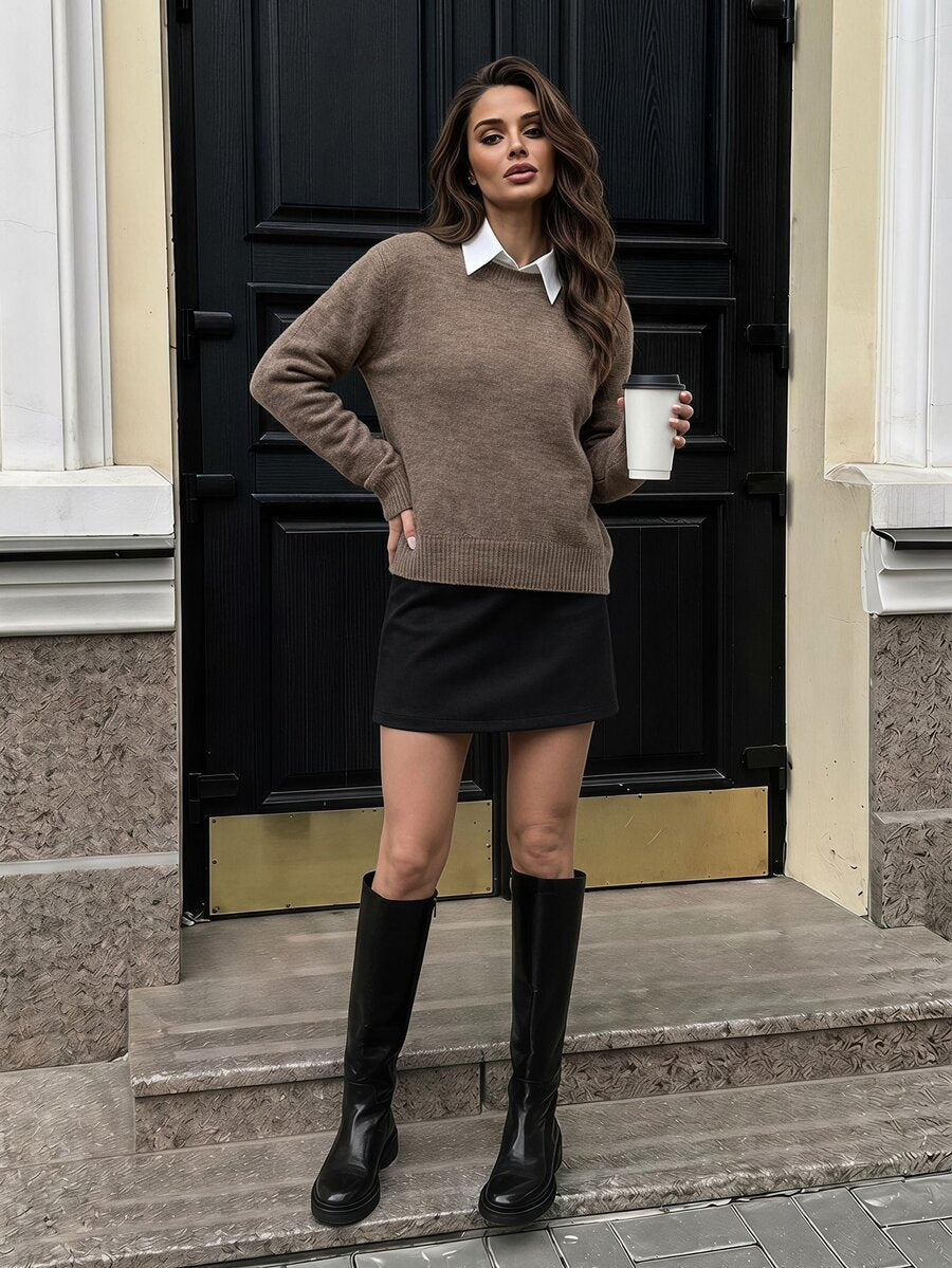 Women's Crew Neck Ribbed Knit Sweater, Fitted Pullover for Fall Winter - Beige