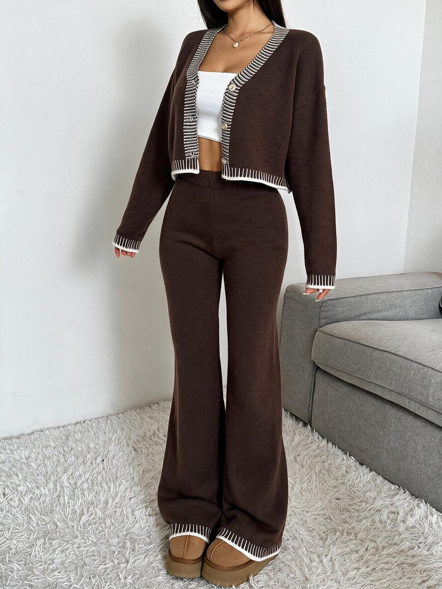 Domenica Contrast Trim Cropped Cardigan and Knit Pants Set - Burgundy