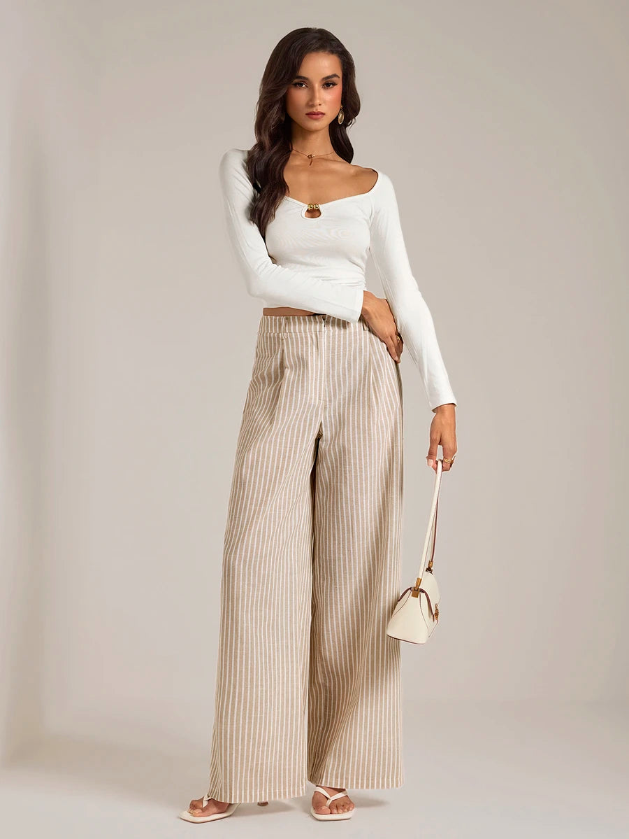 Isla High Waisted Wide Leg Pants with Pleated Front - Oatmeal Stripe