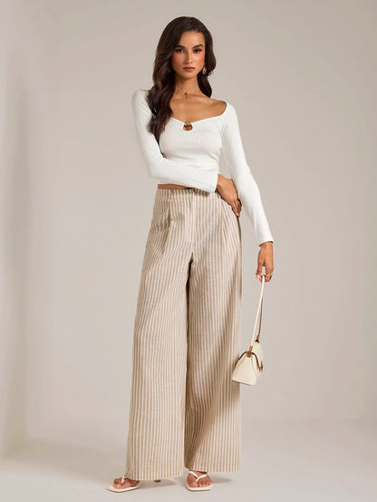 Isla High Waisted Wide Leg Pants with Pleated Front - Oatmeal Stripe