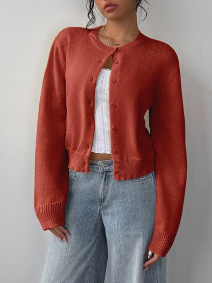 Elowen Round Neck Cropped Cardigan - Burgundy