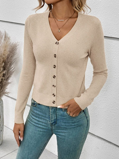Georgiana Slim Ribbed V-Neck Button Front Knit Cardigan - Apricot