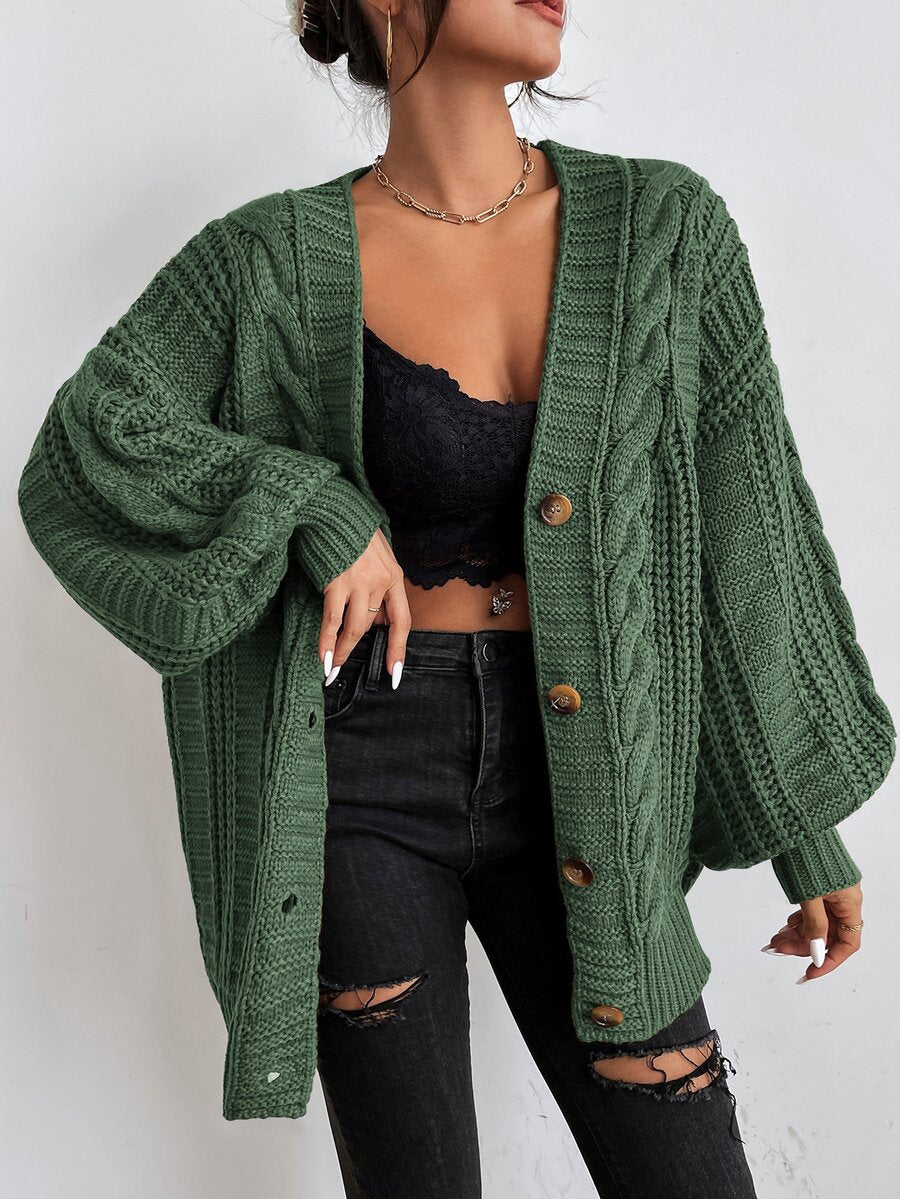 Adelaide Cable Knit Bishop Sleeve Cardigan - Olive Green