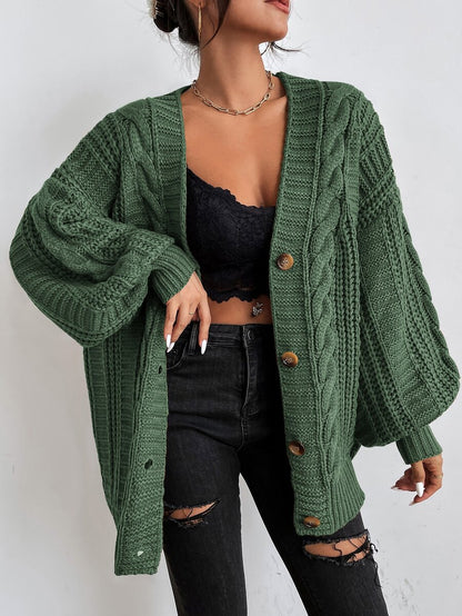 Adelaide Cable Knit Bishop Sleeve Cardigan - Olive Green