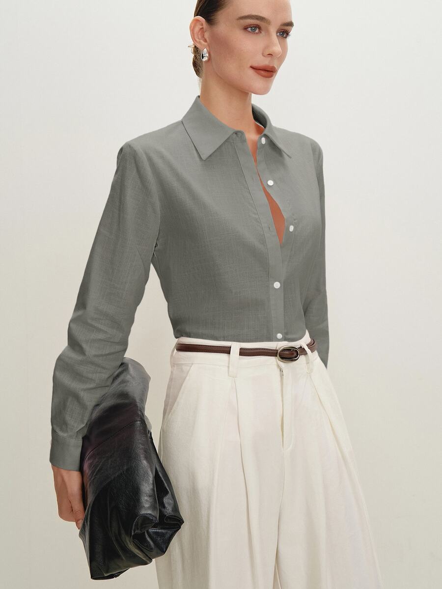 Arabella Classic Collared Button Down Long Sleeve Cotton Shirt - Grey