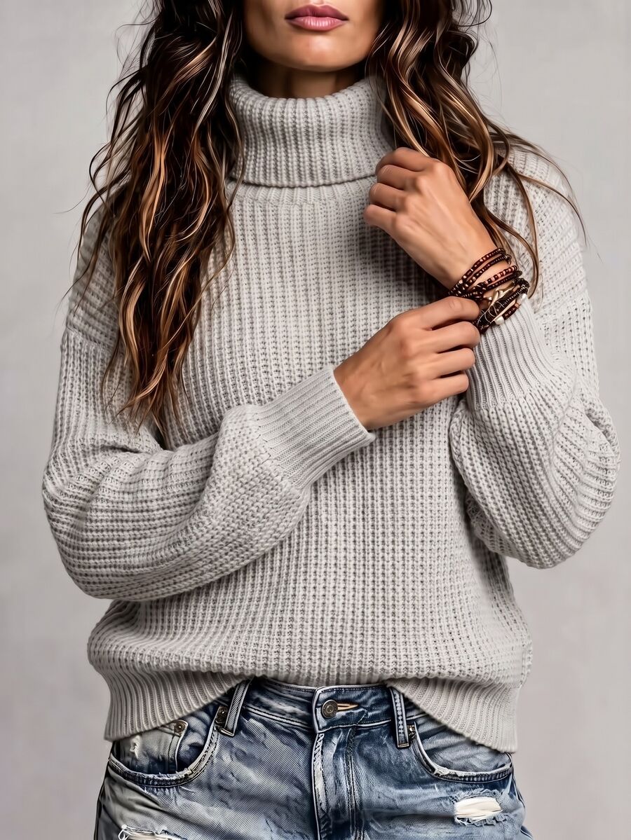 Wilhelmina Rib Knit Turtleneck Drop Shoulder Pullover Sweater - Navy Blue