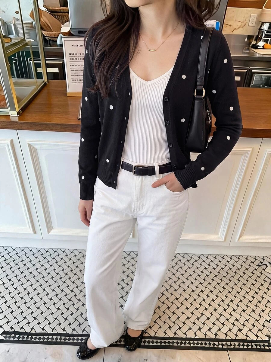 Georgiana Slim Ribbed V-Neck Button Front Knit Cardigan - Black Pearl Embellished