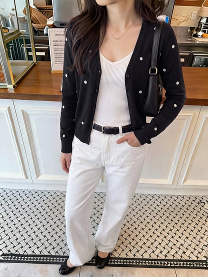 Georgiana Slim Ribbed V-Neck Button Front Knit Cardigan - Black Pearl Embellished