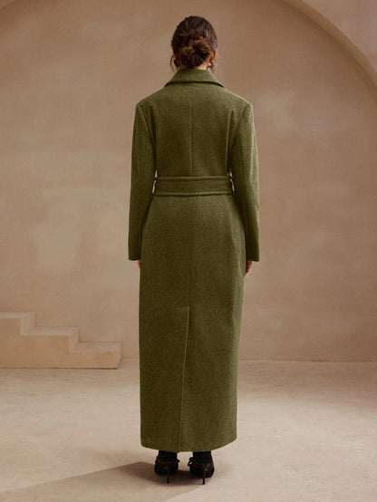 Valeska Belted Double-Breasted Lapel Long Coat with Pockets - Chocolate Brown
