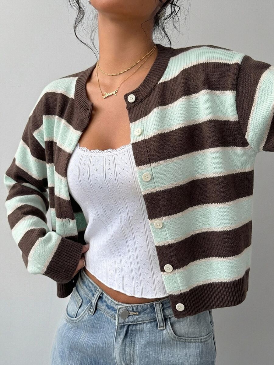 Elowen Round Neck Cropped Cardigan - Brown