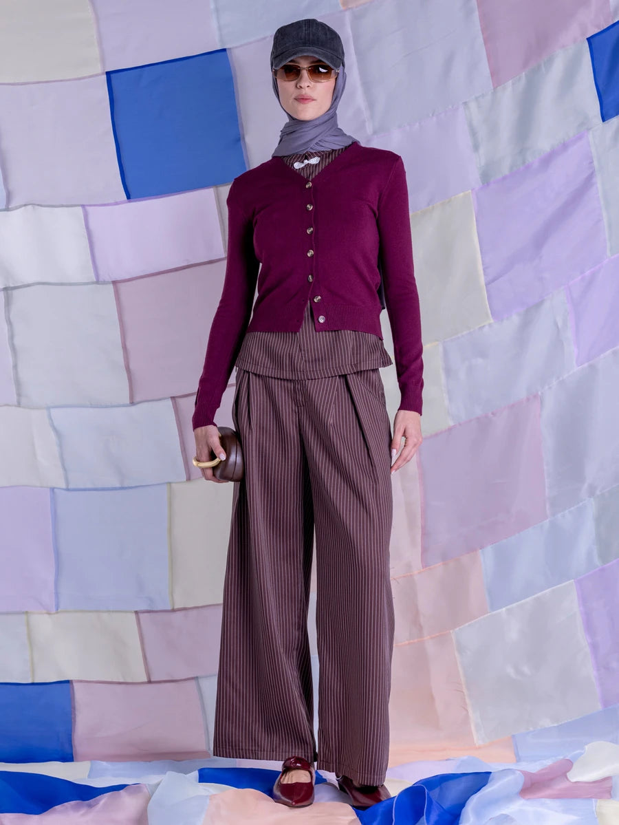 Georgiana Slim Ribbed V-Neck Button Front Knit Cardigan - Burgundy