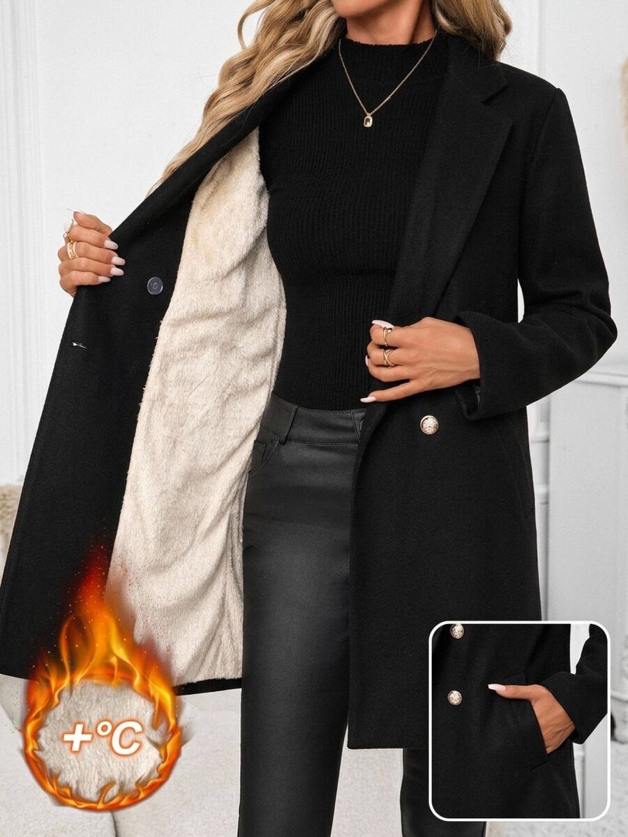 Aveline Double-Breasted Lapel Coat with Tailored Thigh-Length Cut - Brown