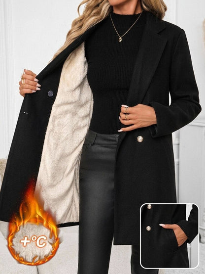 Aveline Double-Breasted Lapel Coat with Tailored Thigh-Length Cut - Brown