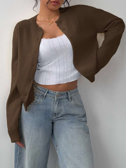 Elowen Round Neck Cropped Cardigan - Brown