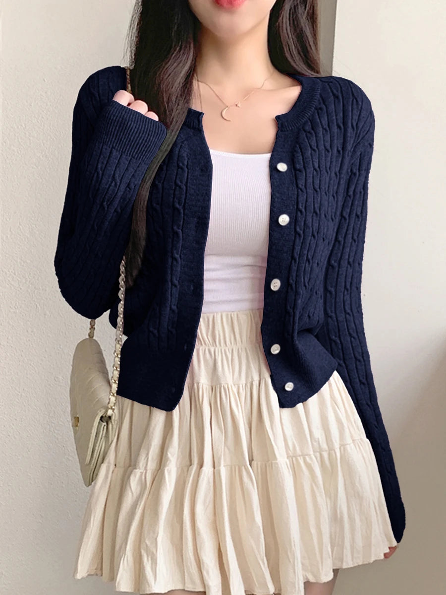Women's Fitted V-Neck Button Front Cardigan, Twist Knit Sweater for Work and Fall - Blue