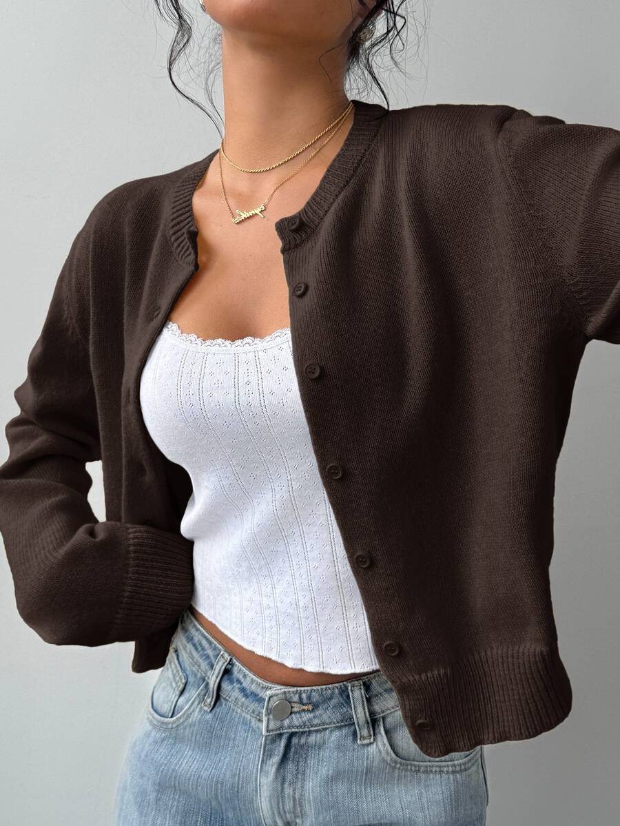 Elowen Round Neck Cropped Cardigan - Brown