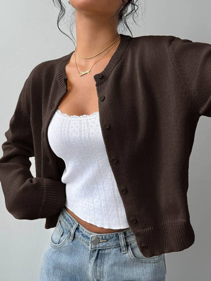 Elowen Round Neck Cropped Cardigan - Brown