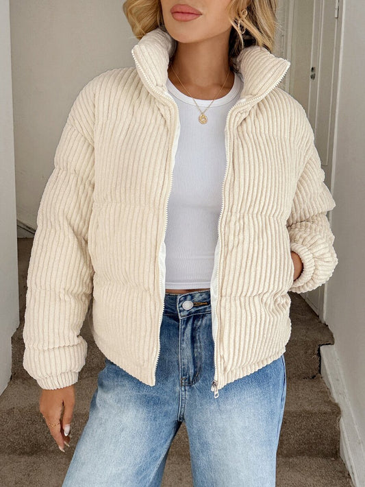 Helene Zip Up Corduroy Padded Coat - Beige