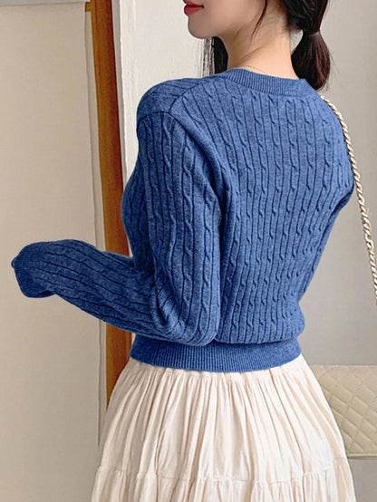 Women's Fitted V-Neck Button Front Cardigan, Twist Knit Sweater for Work and Fall - Navy Blue