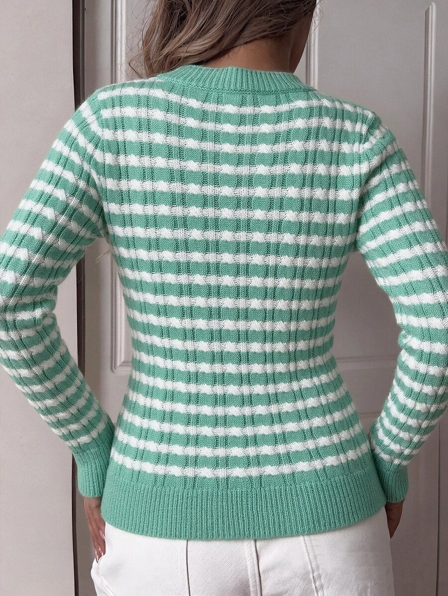 Saskia Slim V Neck Twist Cable Knit Sweater with Contrast Trim - Mint Stripe