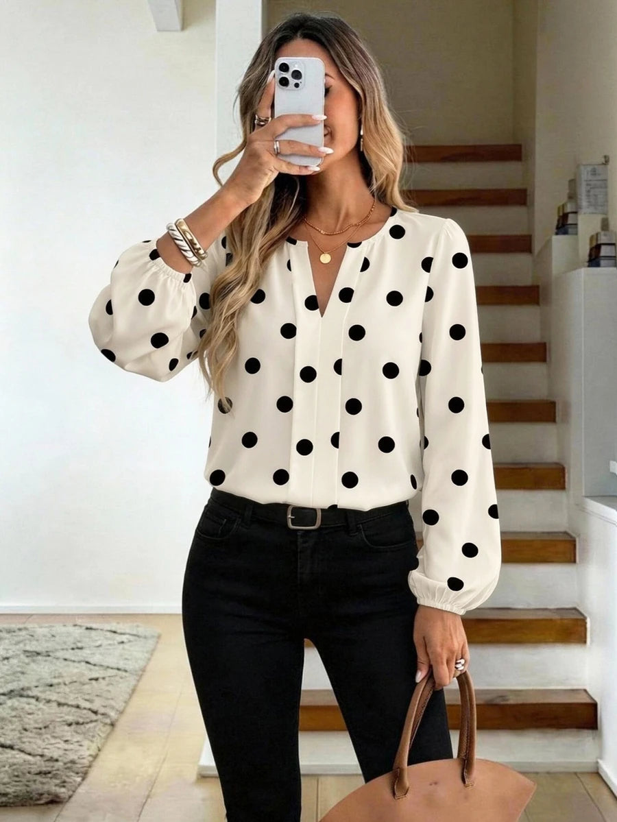 Nell Long Sleeve Blouse with Split V Neck and Lantern Sleeves - White Polka Dot