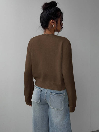 Elowen Round Neck Cropped Cardigan - Brown
