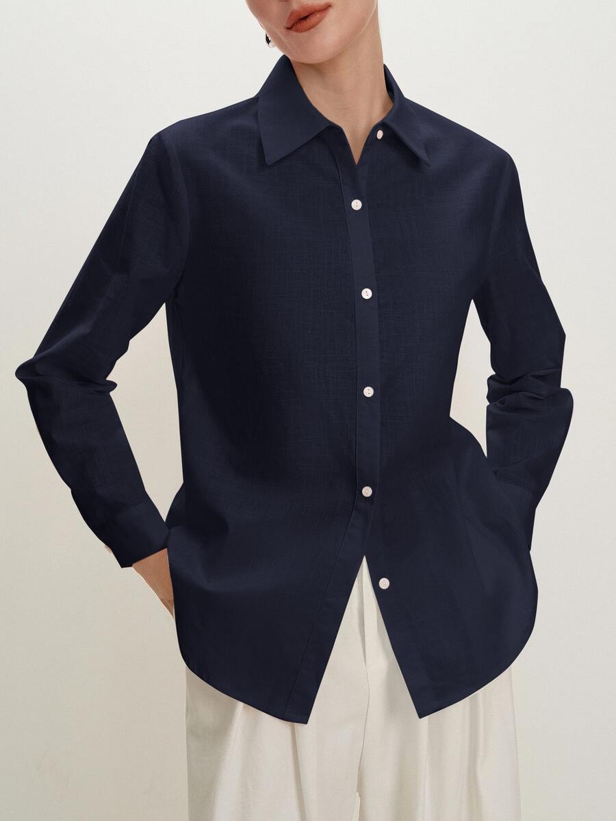 Arabella Classic Collared Button Down Long Sleeve Cotton Shirt - Navy Blue
