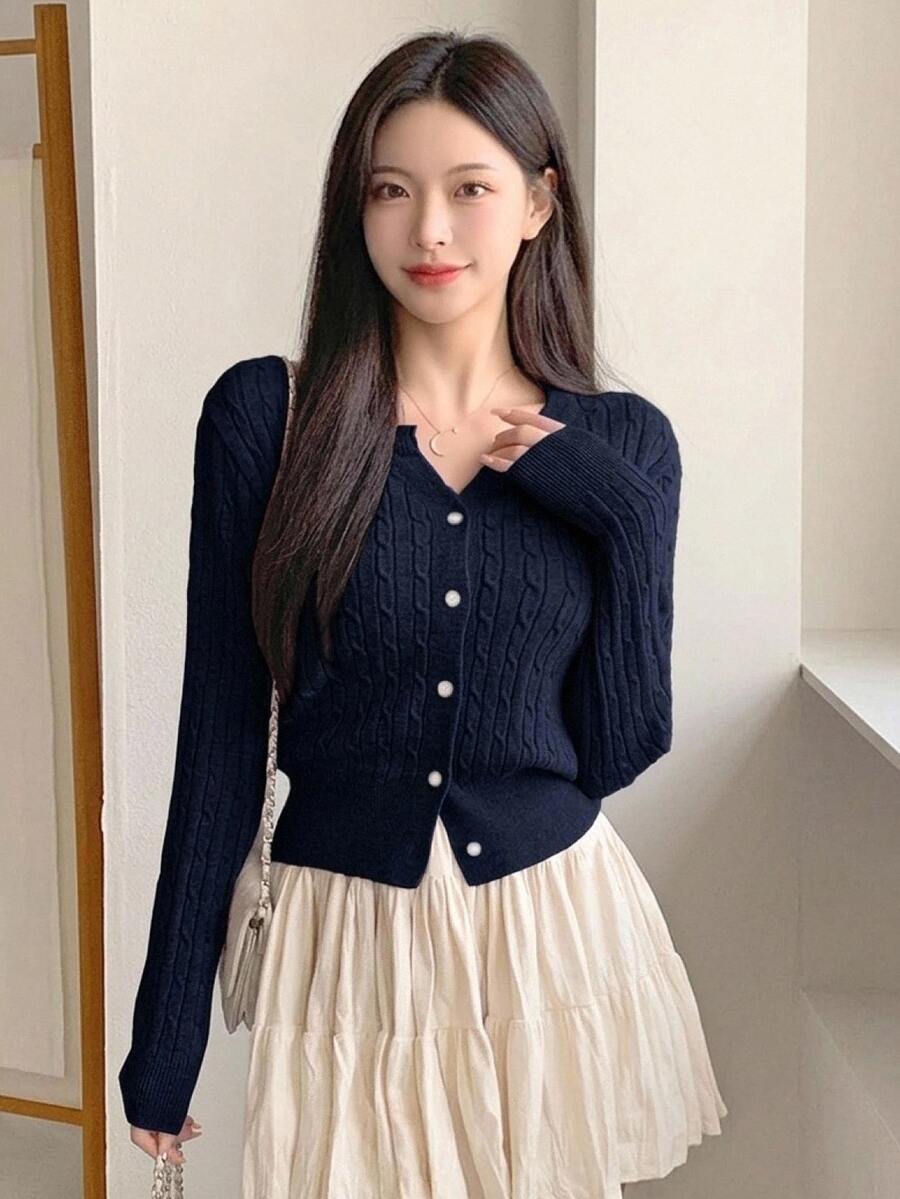 Women's Fitted V-Neck Button Front Cardigan, Twist Knit Sweater for Work and Fall - Navy Blue