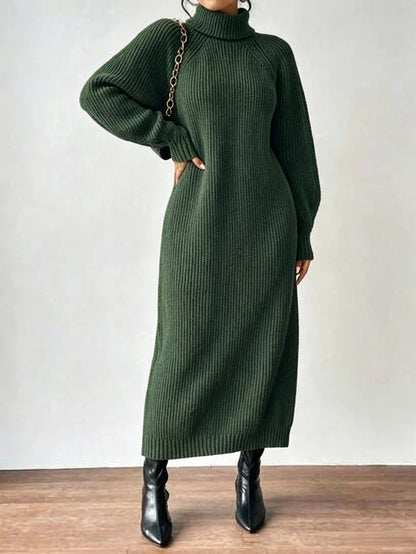 Anya High Neck Raglan Sleeve Sweater Dress - Army Green