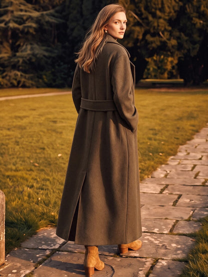Valeska Belted Double-Breasted Lapel Long Coat with Pockets - Chocolate Brown