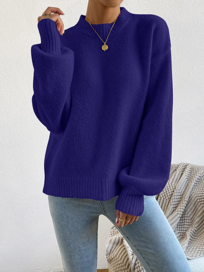 Viola Relaxed Mock Neck Sweater with Drop Shoulders - Indigo
