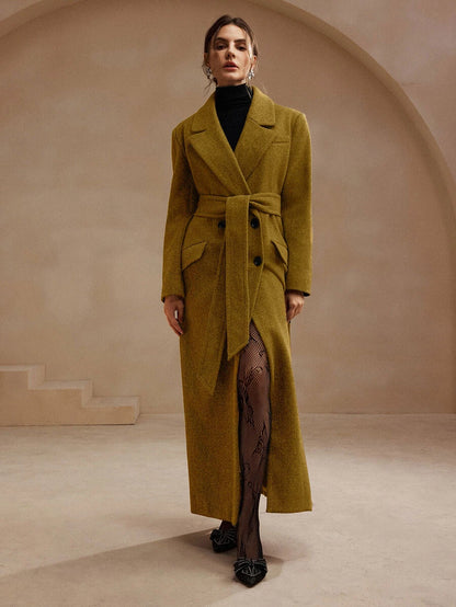 Valeska Belted Double-Breasted Lapel Long Coat with Pockets - Brown