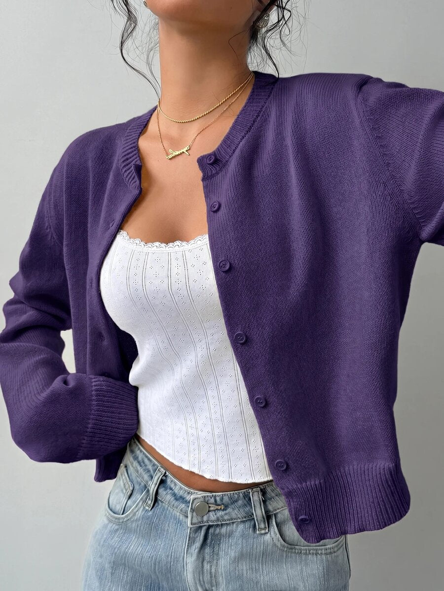 Elowen Round Neck Cropped Cardigan - Burgundy