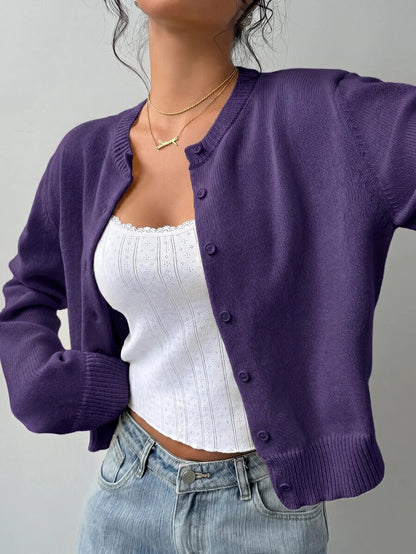 Elowen Round Neck Cropped Cardigan - Burgundy