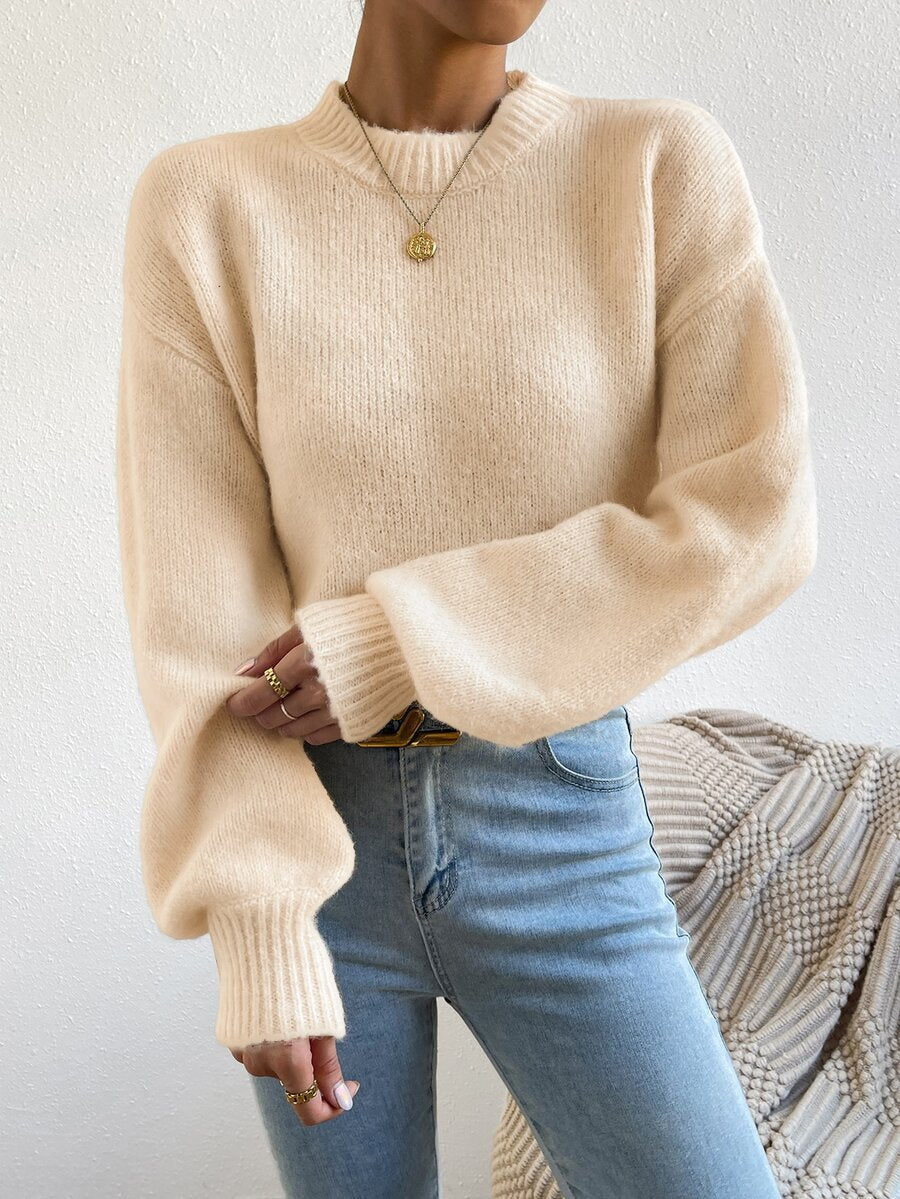 Viola Relaxed Mock Neck Sweater with Drop Shoulders - Cream