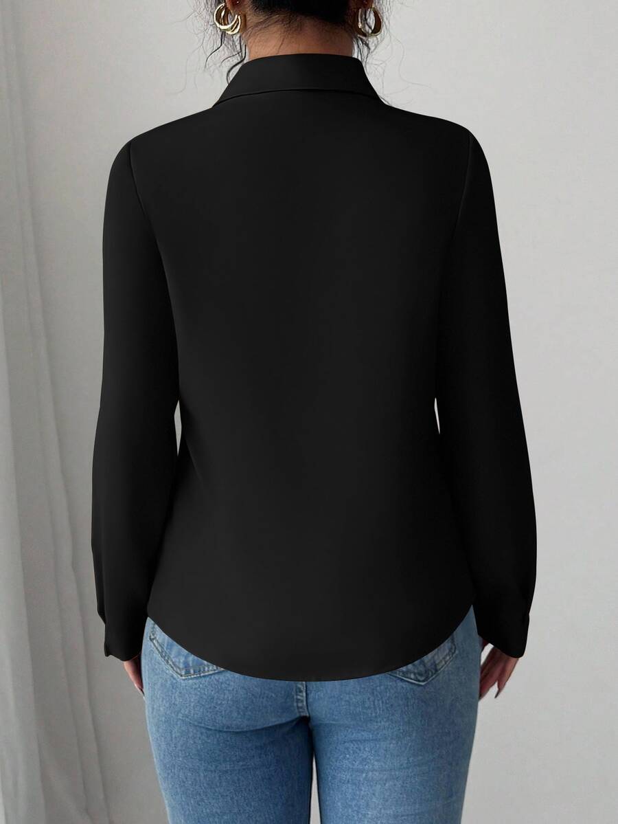 Pia Button Front Long Sleeve Blouse Classic Collared Shirt - Black