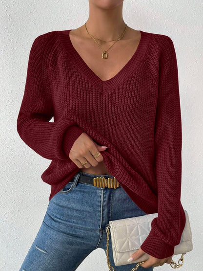 Aarhus V Neck Raglan Sleeve Ribbed Knit Sweater