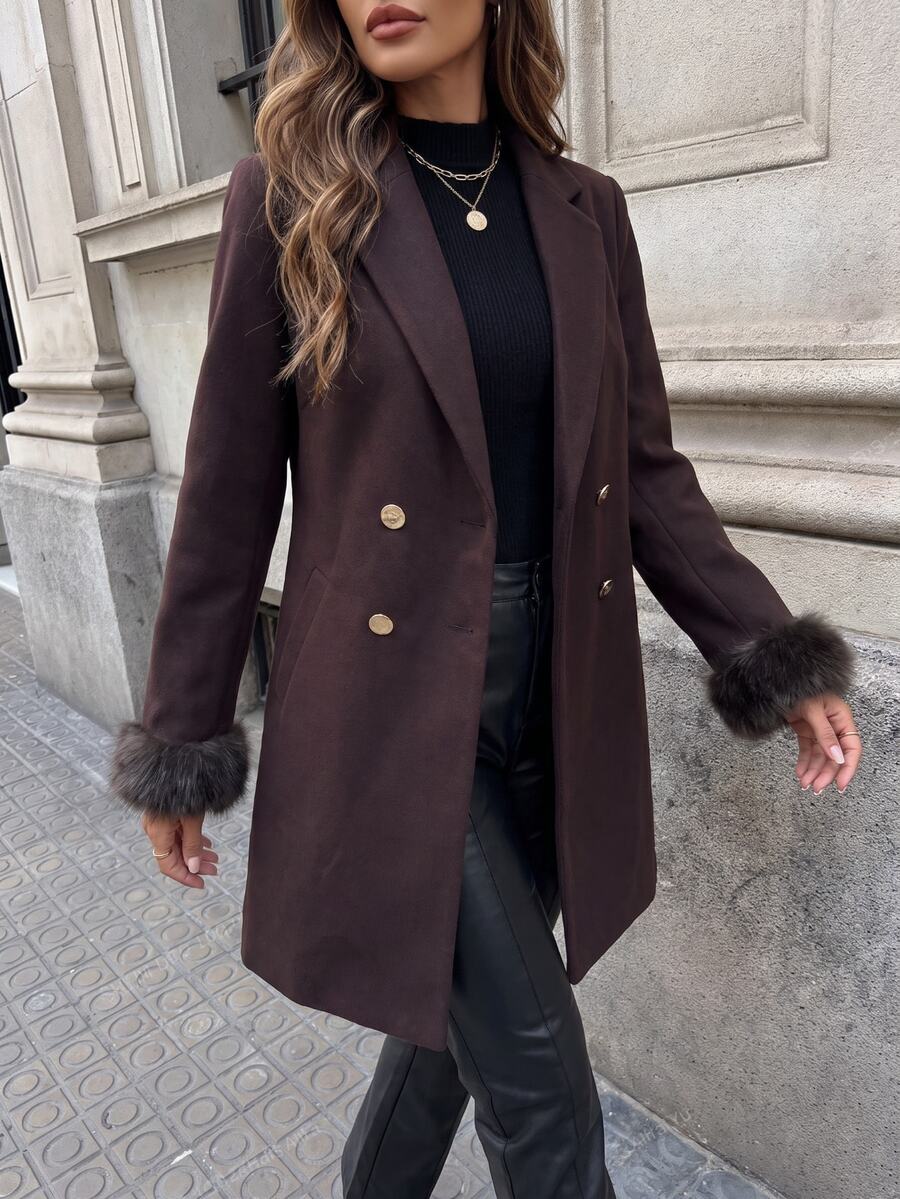 Aveline Double-Breasted Lapel Coat with Tailored Thigh-Length Cut - Mocha Brown