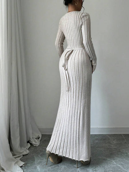 Gdansk Ribbed Knit Crew Neck Bodycon Maxi Sweater Dress