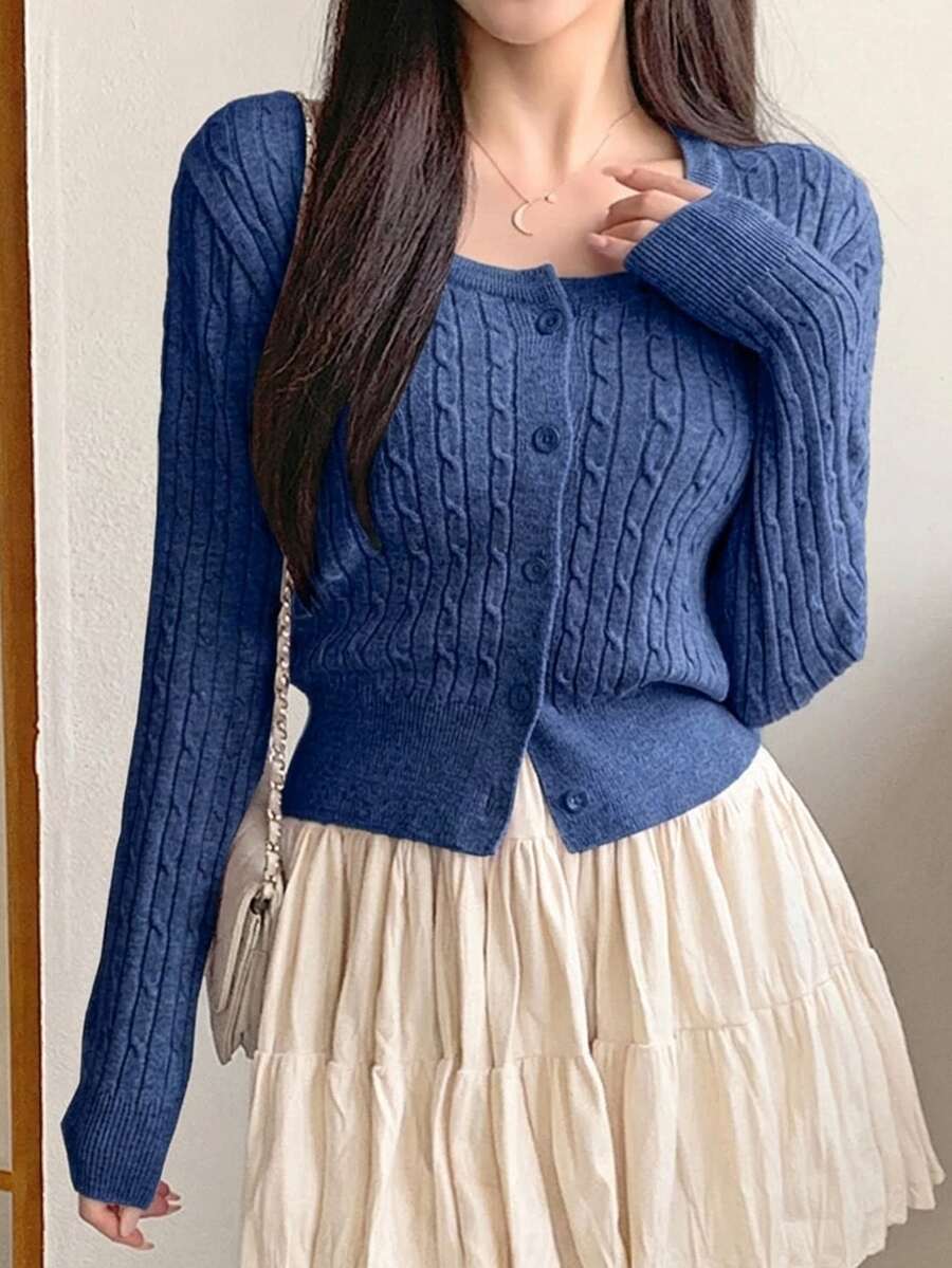 Women's Fitted V-Neck Button Front Cardigan, Twist Knit Sweater for Work and Fall - Black