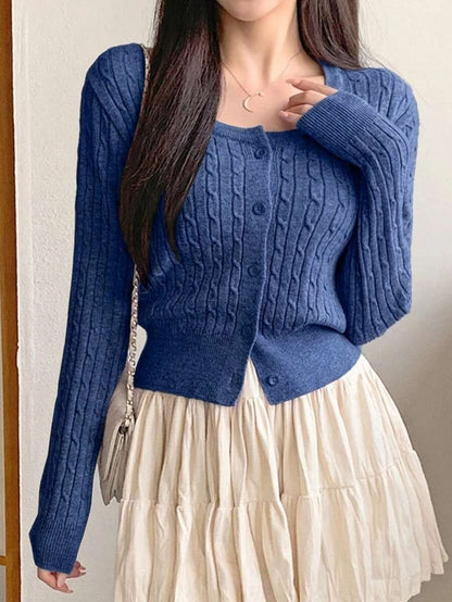 Women's Fitted V-Neck Button Front Cardigan, Twist Knit Sweater for Work and Fall - Black
