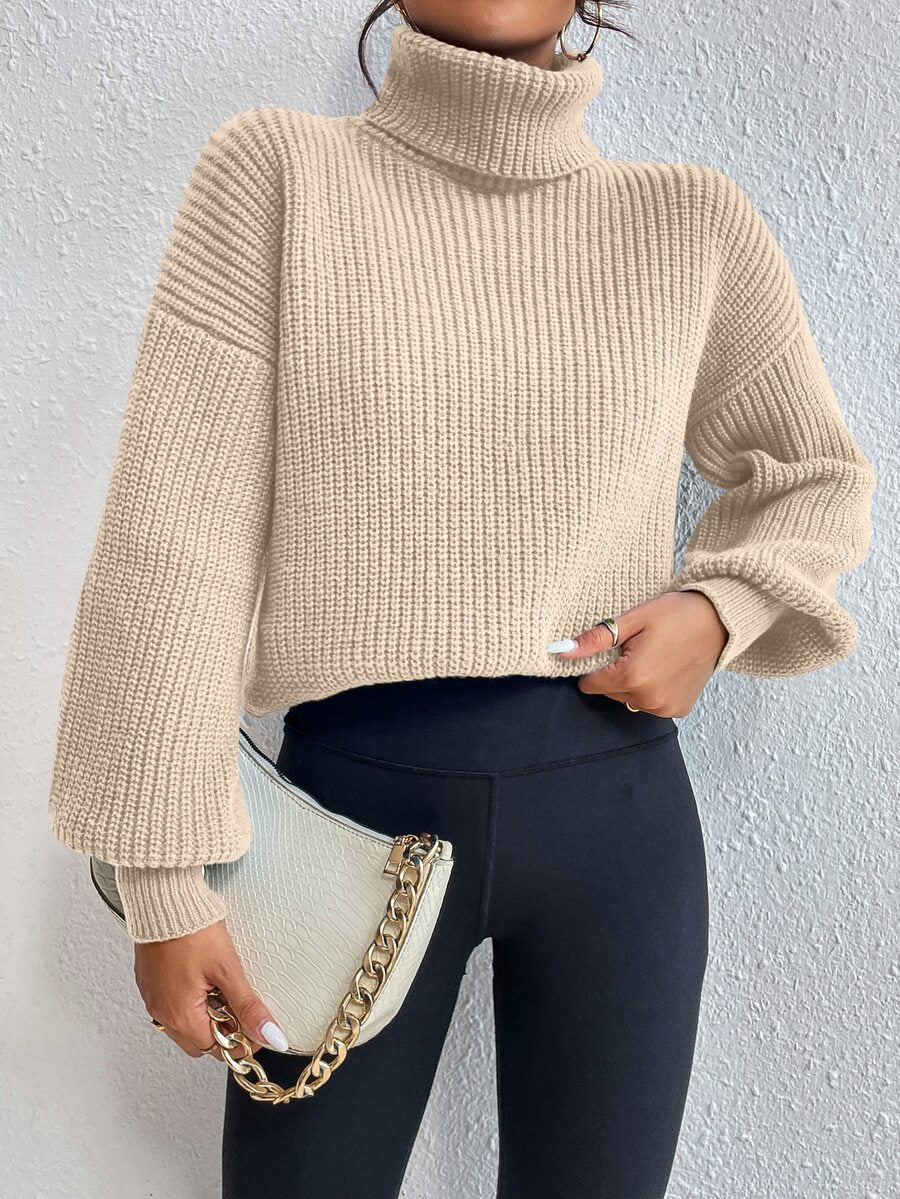 Wilhelmina Rib Knit Turtleneck Drop Shoulder Pullover Sweater - Beige