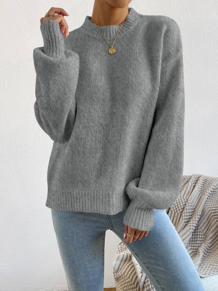 Viola Relaxed Mock Neck Sweater with Drop Shoulders - Charcoal Grey