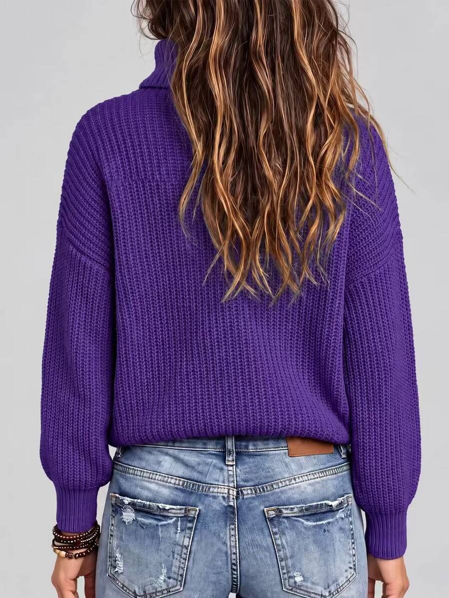 Wilhelmina Rib Knit Turtleneck Drop Shoulder Pullover Sweater - Beige