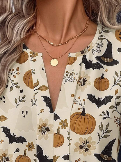 Nell Long Sleeve Blouse with Split V Neck and Lantern Sleeves - Cream Harvest Print